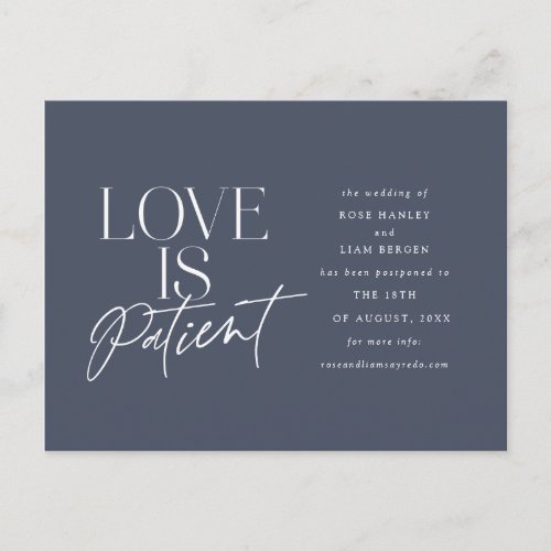 Navy Script Love Wedding Postponed Change the Date Postcard