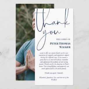 Navy Script & Photo Funeral Thank You Card