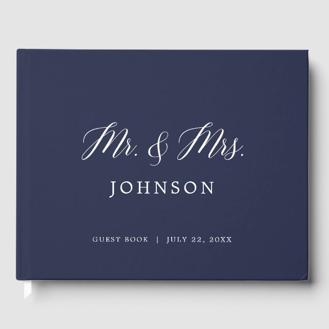 Navy Script Photo Wedding Guest Book (Front)