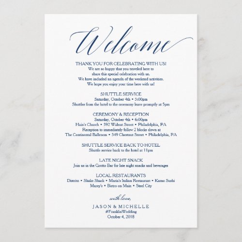 Navy Script Wedding Itinerary Welcome Letter Program