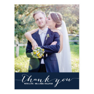 Navy | Script Wedding Thank You Vertical Postcard