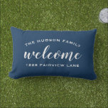 Navy Script Welcome Monogram Porch Lumbar Pillow<br><div class="desc">Timeless navy and white pair effortlessly on this personalized outdoor lumbar pillow featuring Welcome script,  your family name,  and street address. The classic navy colorway delivers a polished,  nautical look that suits any front porch,  covered patio,  or coastal outdoor setting. All text is fully editable.</div>