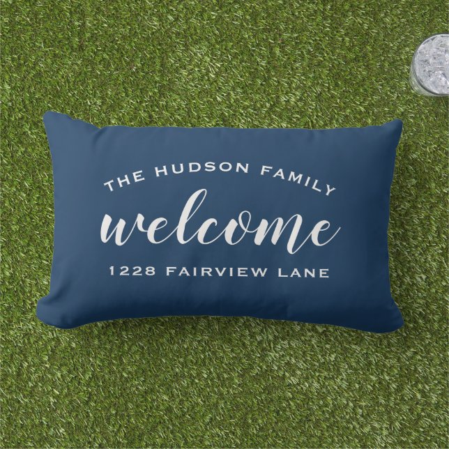 Navy Script Welcome Monogram Porch Lumbar Pillow (Grass)