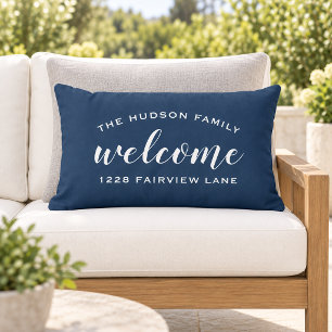 Navy Script Welcome Monogram Porch Lumbar Pillow
