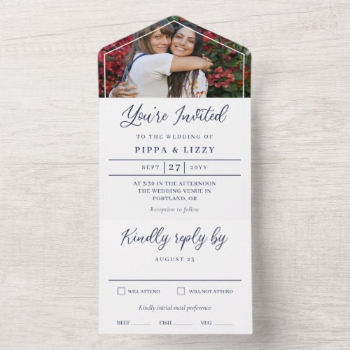 Navy Script Youre Invited Photo Wedding All In One Invitation