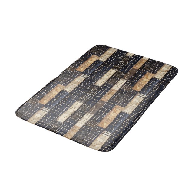 Navy Sea Blue Cream Brown Rectangles Bath Mat (Angled)