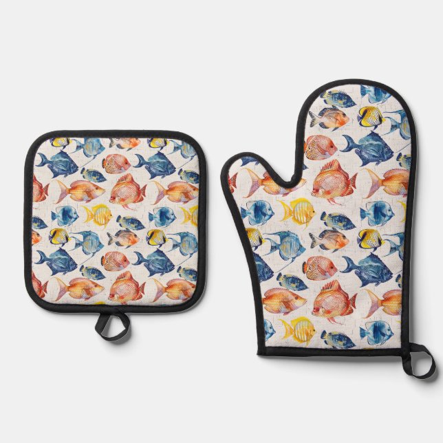 Navy Sea Fish Ocean Beach house  Oven Mitt & Pot Holder Set (Front)