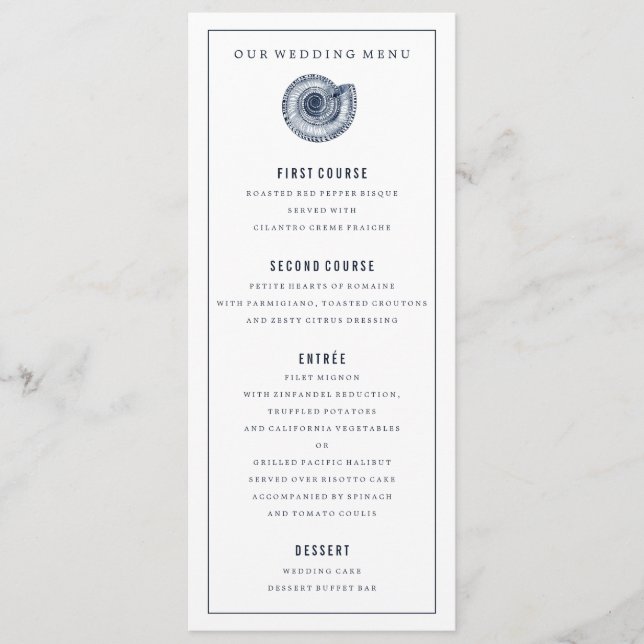 Navy Sea Shell Wedding Dinner Menu (Front)
