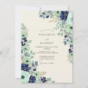 Navy Seafoam Luminous Botanical Wedding Invitation