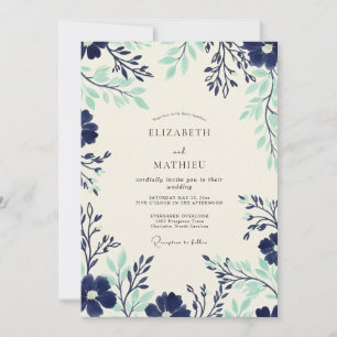 Navy Seafoam Timeless Botanical Wedding Invitation