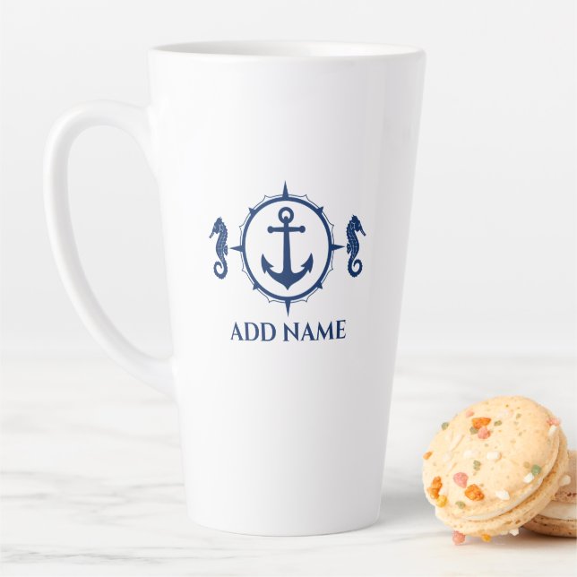 Navy Seahorse & Anchor Your Name 2 Sided Large Latte Mug (In Situ)