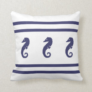 navy SEAHORSE on white PILLOW coastal living