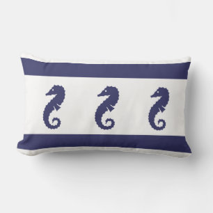 navy SEAHORSE on white PILLOW coastal living