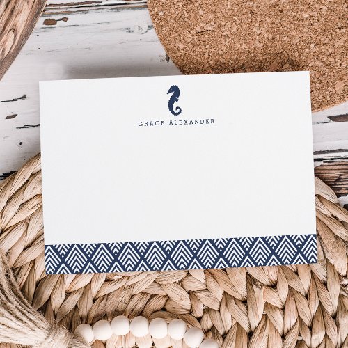 Navy  Seahorse Personalized Stationery Flat Note Card