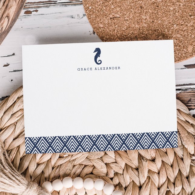 Navy | Seahorse Personalized Stationery Flat Note Card (Creator Uploaded)