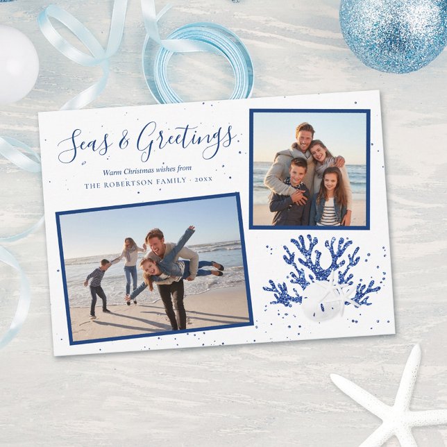 Navy Seas & Greetings Beach Christmas 2 Photo Holiday Card (Creator Uploaded)