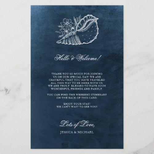 Navy Seashell Beach Wedding Welcome Itinerary