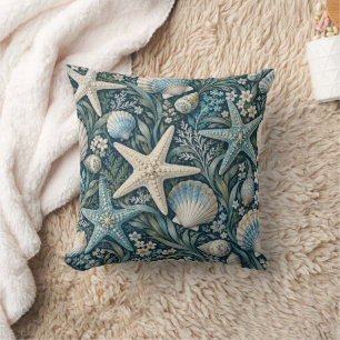 Navy Seashell Starfish Coastal Throw Pillow