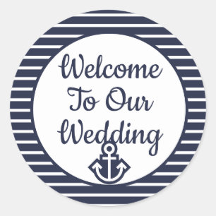 Navy Seersucker Welcome To Our Wedding Sticker