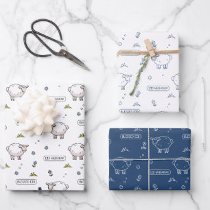 Navy Sheep Eid Mubarak Kids Wrapping Paper Sheets