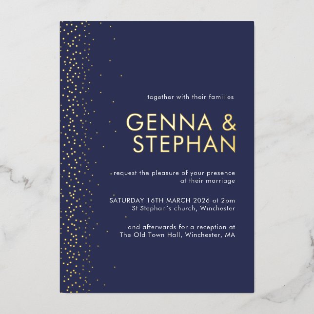 Navy Shimmer foil wedding invitation card (Front)