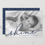 Navy | Shine Script Hanukkah Photo Holiday Card<br><div class="desc">Share holiday greetings with these chic Hanukkah photo cards featuring your favorite full bleed horizontal or landscape oriented photo. "Shine" appears as a navy blue text overlay in elegant hand lettered script typography. Personalize with your names and the year along the bottom. Cards reverse to matching dark blue with a...</div>