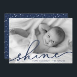 Navy | Shine Script Hanukkah Photo Holiday Card<br><div class="desc">Share holiday greetings with these chic Hanukkah photo cards featuring your favorite full bleed horizontal or landscape oriented photo. "Shine" appears as a navy blue text overlay in elegant hand lettered script typography. Personalize with your names and the year along the bottom. Cards reverse to matching dark blue with a...</div>