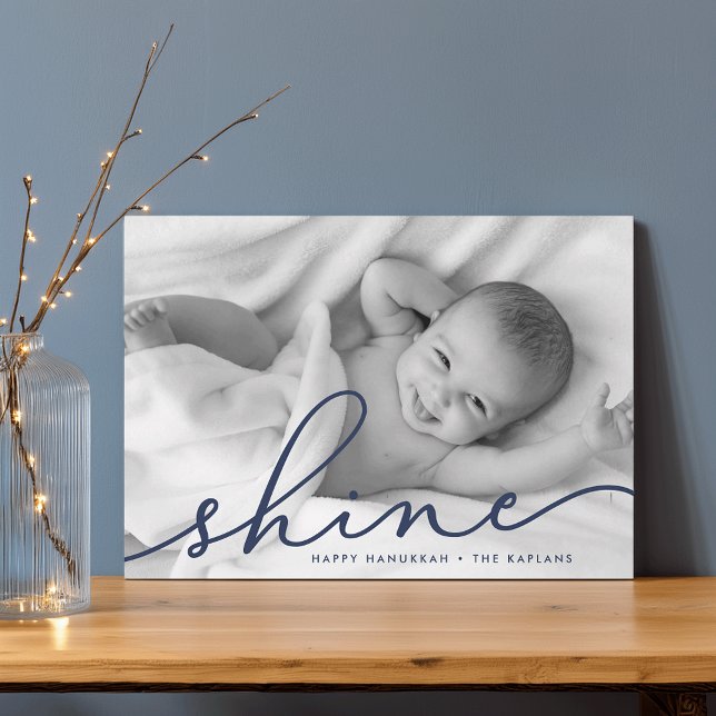 Navy | Shine Script Hanukkah Photo Holiday Card (Creator Uploaded)