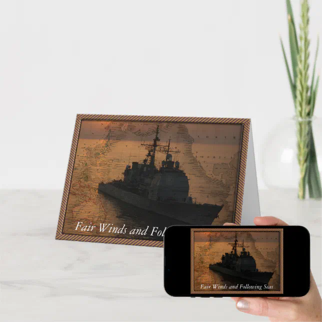 Navy ship with Fair Winds and Following Seas Card | Zazzle