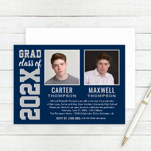 Navy Silver 2026 Twin Photo Graduation Party Invitation
