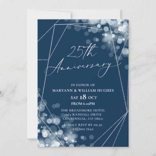 Navy  Silver 25th Wedding Anniversary  Invitation