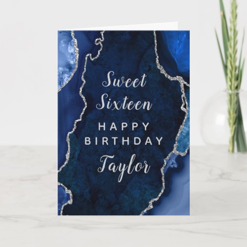 Navy Silver Agate Sweet Sixteen Happy Birthday Card