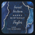Navy Silver Agate Sweet Sixteen Happy Birthday Square Sticker<br><div class="desc">This elegant and glamorous sticker can be personalized with a name or title such as daughter,  granddaughter,  niece,  friend etc. The design features a navy blue agate marble background with faux silver glitter accents. The text combines handwritten script and modern sans serif fonts for a classy and sophisticated look.</div>