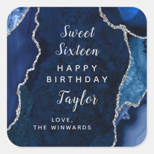 Navy Silver Agate Sweet Sixteen Happy Birthday Square Sticker