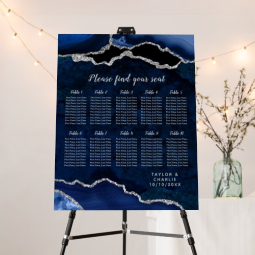 Navy Silver Agate Wedding 10 Table Seating Chart Foam Board