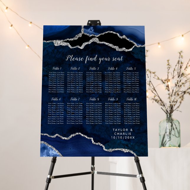 Navy Silver Agate Wedding 10 Table Seating Chart Foam Board (In Situ (Stand))