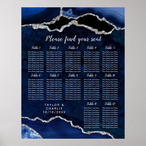 Navy Silver Agate Wedding 12 Table Seating Chart