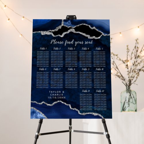 Navy Silver Agate Wedding 12 Table Seating Chart Foam Board