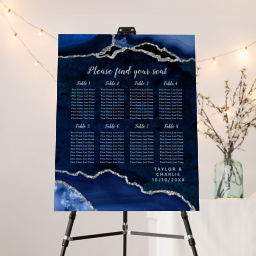 Navy Silver Agate Wedding 8 Tables Seating Chart Foam Board