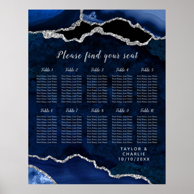 Navy Silver Agate Wedding Seating Chart 10 Table (Front)