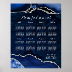 Navy Silver Agate Wedding Seating Chart 8 Table