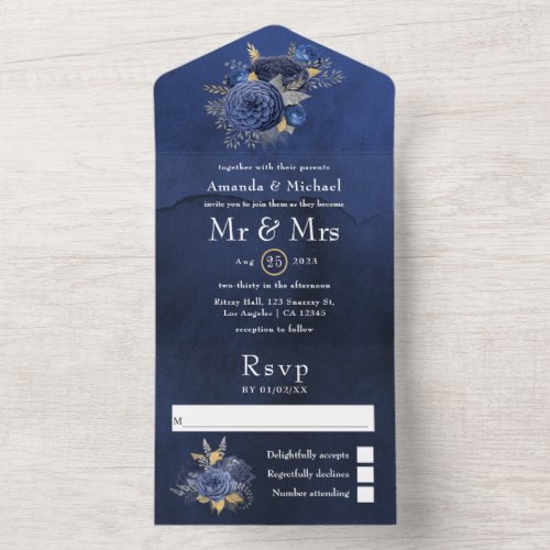 Navy Silver and Gold Floral Wedding All In One In All In One Invitation