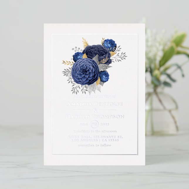 Navy, Silver and Gold Floral Wedding Foil Invitation (Standing Front)