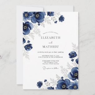 Navy Silver Anemone Winter Wedding Invitation