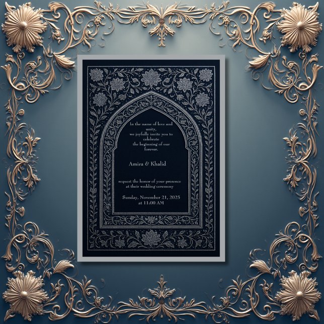 navy silver Arabic arch Wedding Invitation (Creator Uploaded)