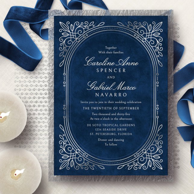 Navy Silver Art Deco Wedding Foil Invitation (Creator Uploaded)