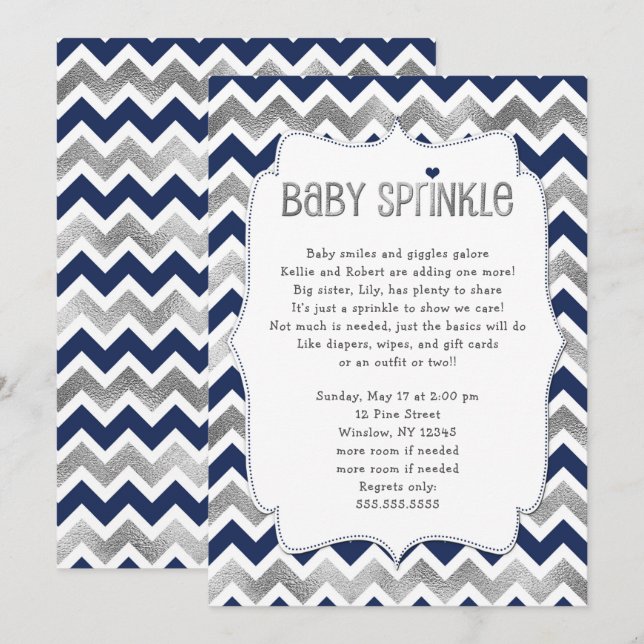 Navy Silver Baby Sprinkle, boy baby shower invites (Front/Back)