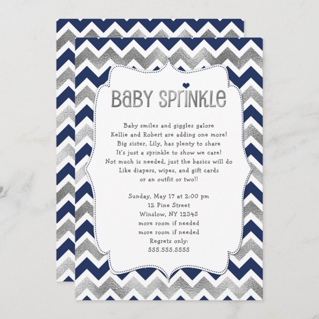Navy Silver Baby Sprinkle, boy baby shower invites (Front/Back)