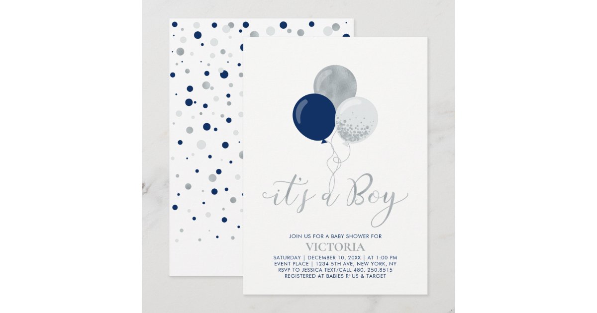 Navy & Silver Balloons | It's a Boy Baby Shower Invitation | Zazzle