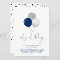 Navy & Silver Balloons | It's a Boy Baby Shower Invitation